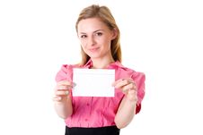 Very Attractive Female Holds Blank Board, Isolated Royalty Free Stock Image Very Attractive Female Holds Blank Board, Isolated Royalty Free Stock Image