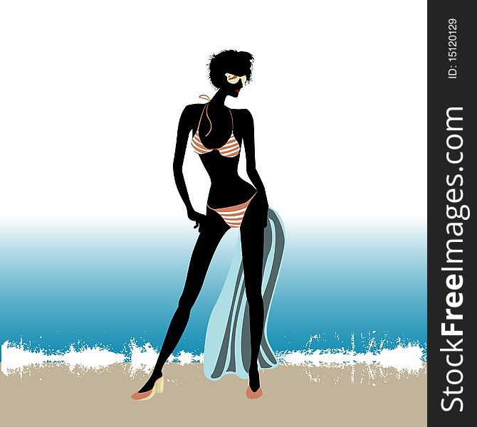 Beach girl with grunge vector background