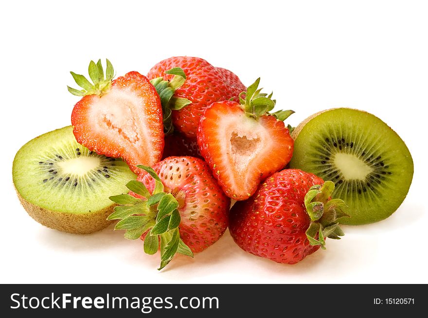 Beautiful kiwi and strawberries isolated on white background.