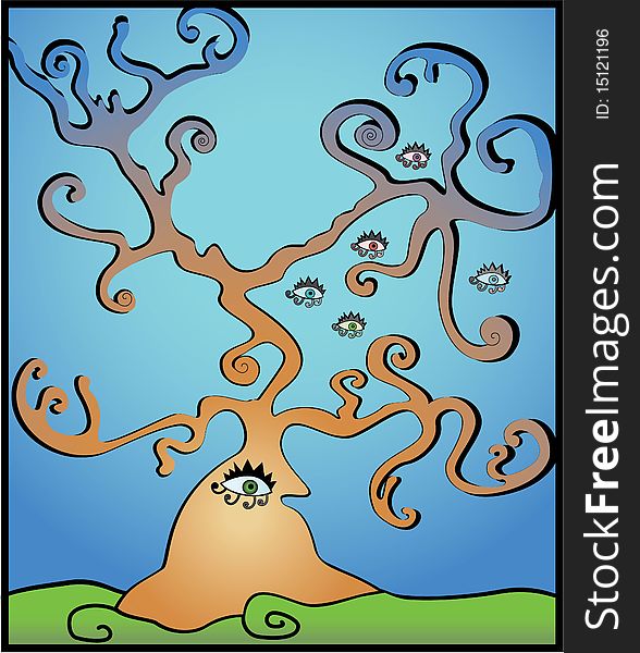 Abstract illustration of a tree with eyes flying around. Abstract illustration of a tree with eyes flying around