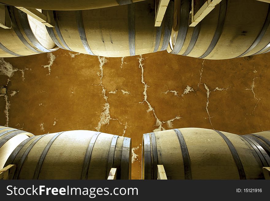 Unusual perspective in a wine cellar facing the ceiling