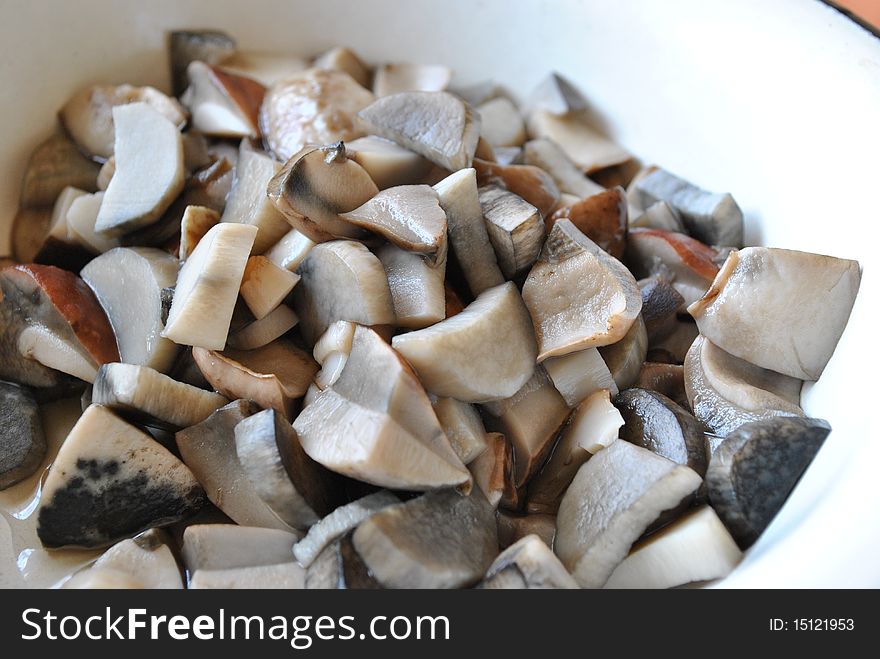 Boiled mushrooms cut on a plate