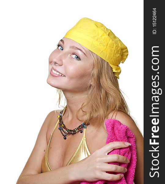 Blond beautiful girl in yellow doo-rag