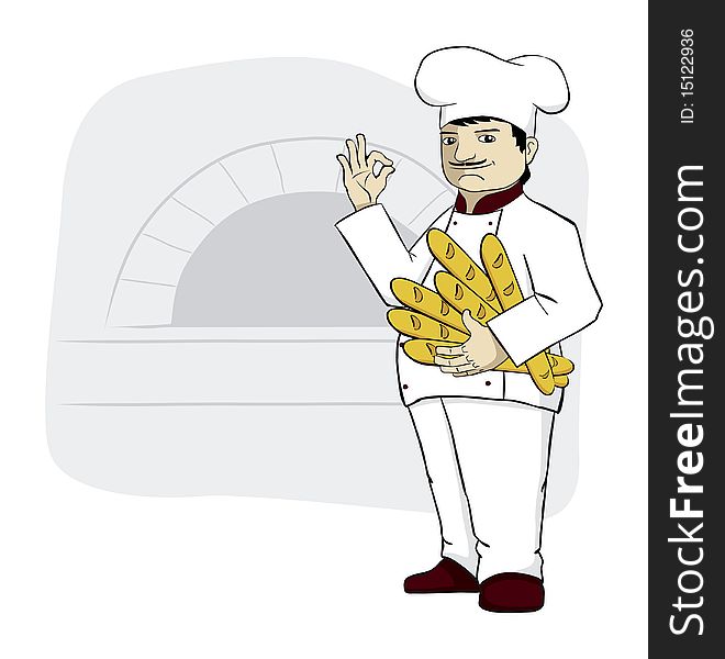 Big chef is holding fresh bread, baguettes. Big chef is holding fresh bread, baguettes.