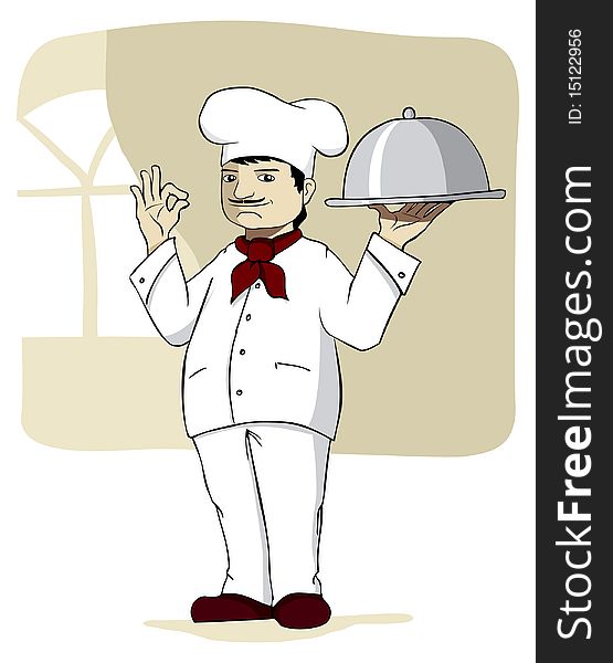 Illustration of a chef standing with a covered dinner plate. Illustration of a chef standing with a covered dinner plate.