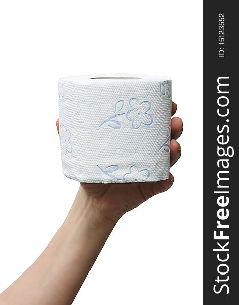 Hand holding toilet paper in a studio