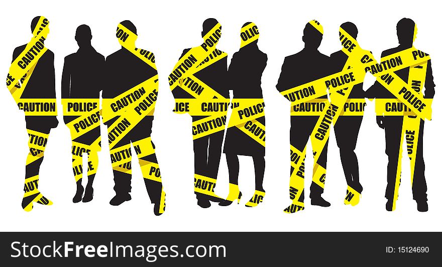 Silhouettes of people on a police tape. Silhouettes of people on a police tape