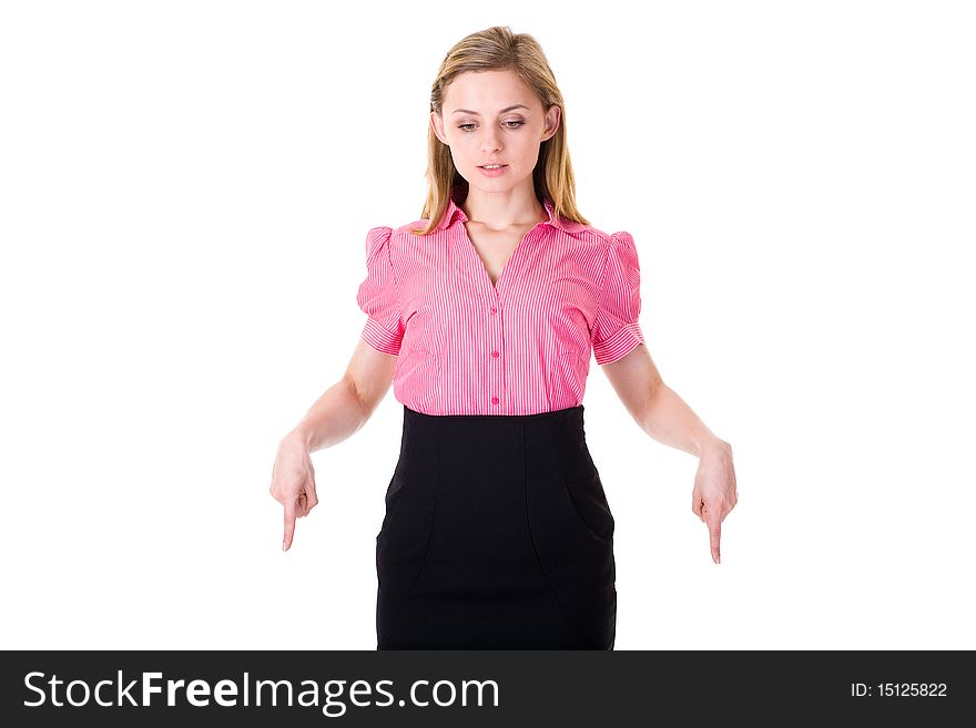Woman in pink shirt points down, slump, decline concept, studio shoot isolated on white background. Woman in pink shirt points down, slump, decline concept, studio shoot isolated on white background