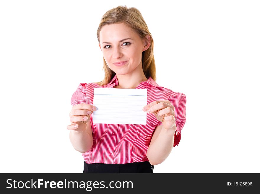 Young very attractive businesswoman in pink shirt holds empty card, copyspace concept, studio portrait shoot isolated on white background. Young very attractive businesswoman in pink shirt holds empty card, copyspace concept, studio portrait shoot isolated on white background