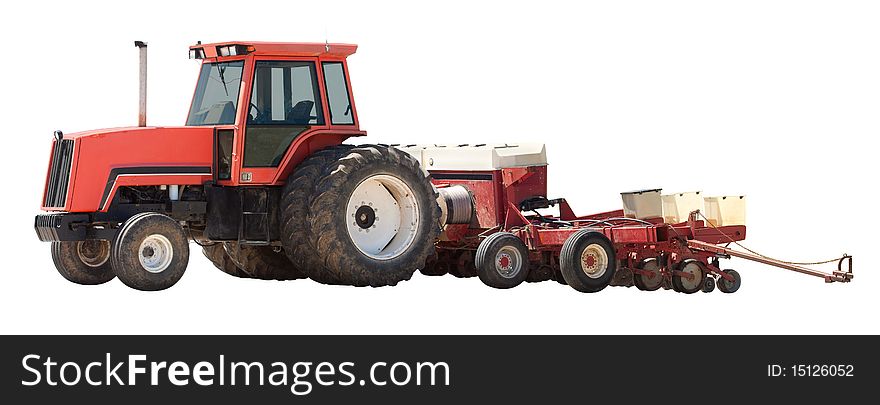 Red tractor pulling a planter isolated on white