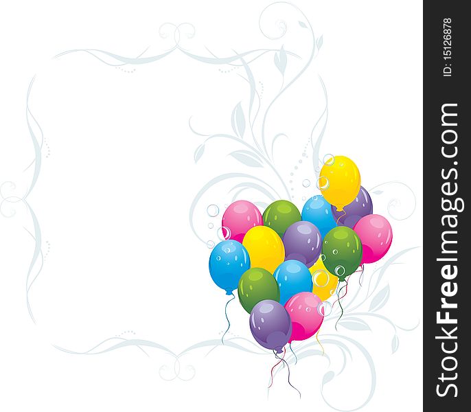 Colorful balloons with bubbles in the decorative frame. Illustration