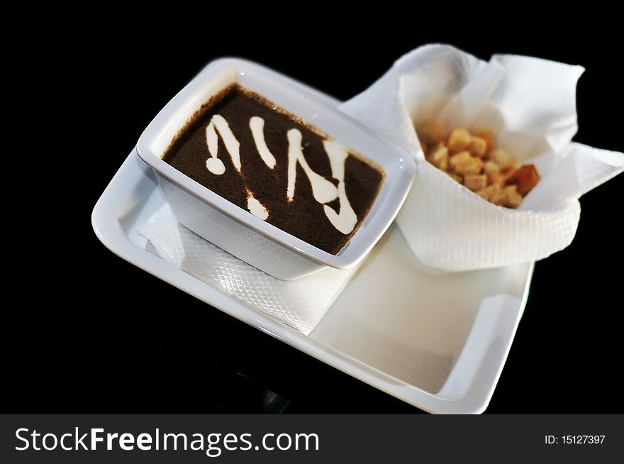 Mushroom soup with sour cream and toast isolated