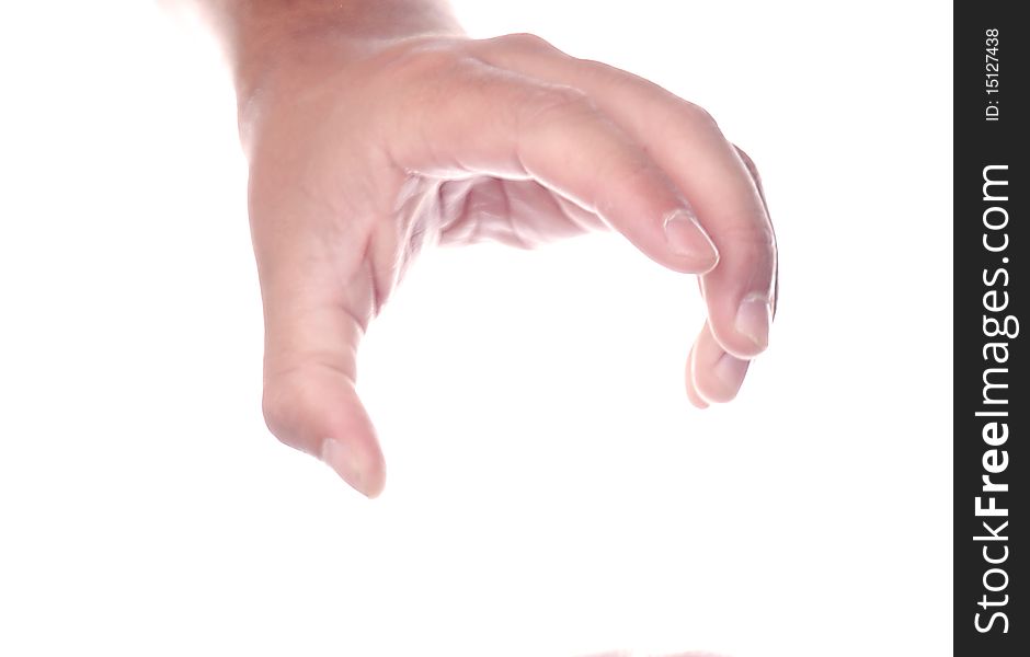 The human hand on a white background gesticulates. The human hand on a white background gesticulates