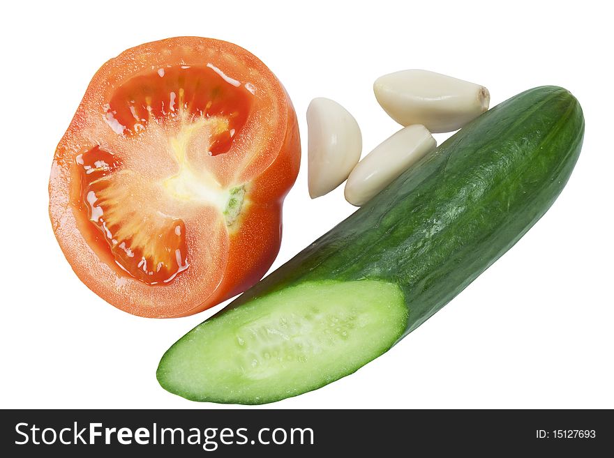 Tomato, cucumber and garlic vegetables on white background