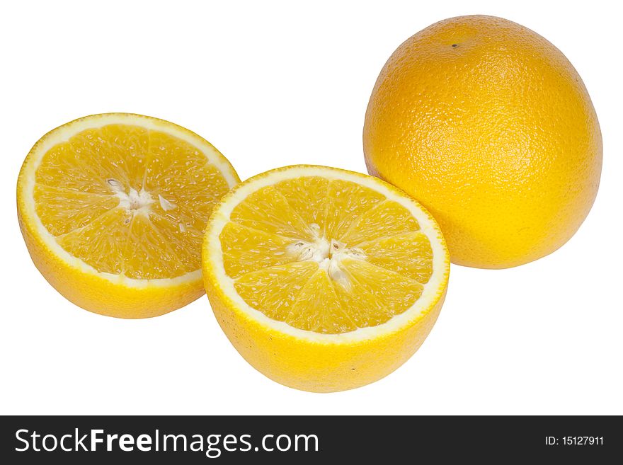 Two orange and a sliced isolated on a white background