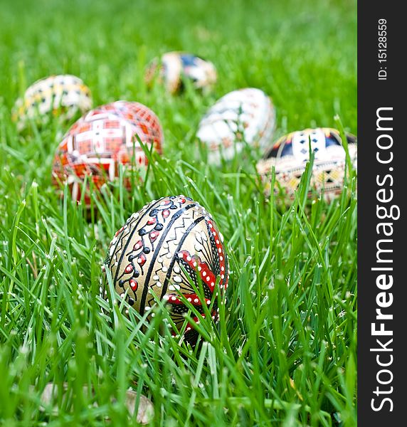 Beautifully colored easter eggs in a basket