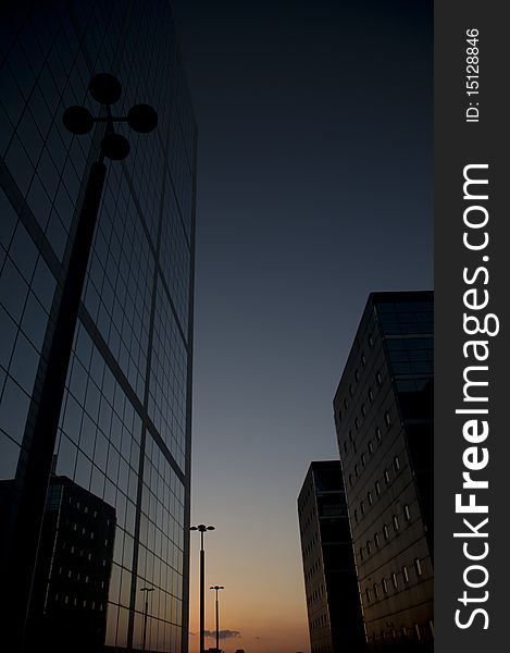 Skyscrapers at the sunset reflecting each other, La Defense, Paris, France