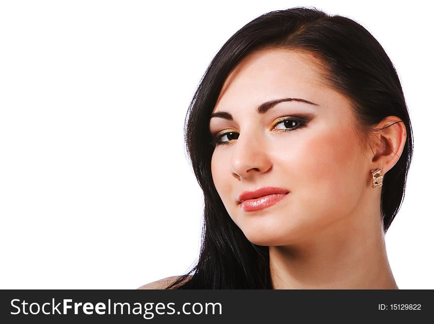 Portrait of young charming brunette woman on white background.