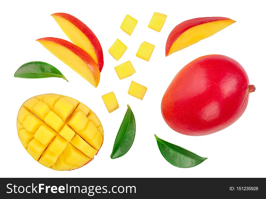 Mango Fruit Half With Slices Isolated On White Background. Set Or Collection. Top View. Flat Lay