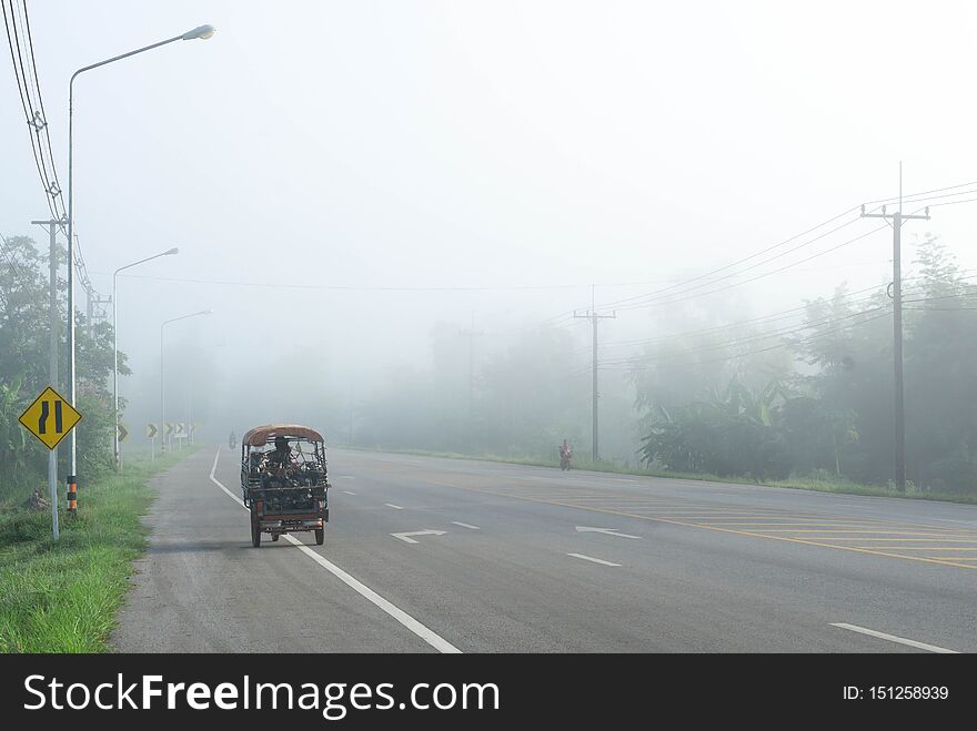 Country road with fog in the morning, nature