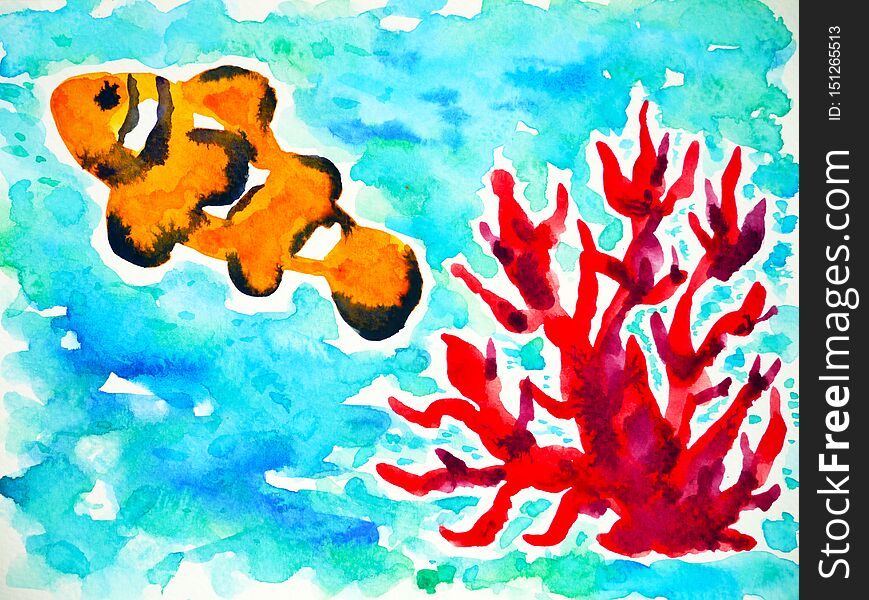 Orange clownfish swimming in sea ocean watercolor painting illustration design hand drawing