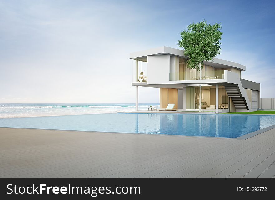 Empty wooden floor deck at vacation home or hotel. 3d illustration of contemporary holiday villa exterior. Empty wooden floor deck at vacation home or hotel. 3d illustration of contemporary holiday villa exterior.