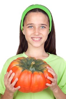 Happy Girl In Halloween With A Big Pumpkin Stock Images Happy Girl In Halloween With A Big Pumpkin Stock Images