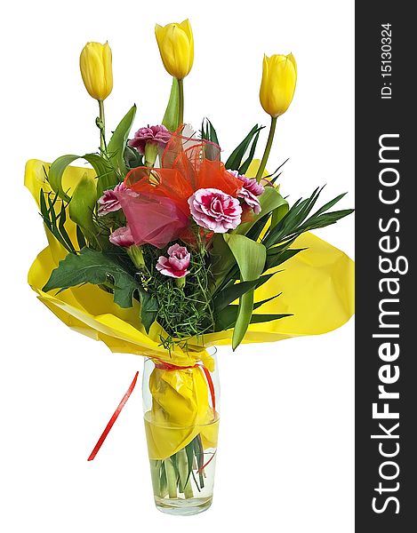 Bunch of yellow tulips on the white background