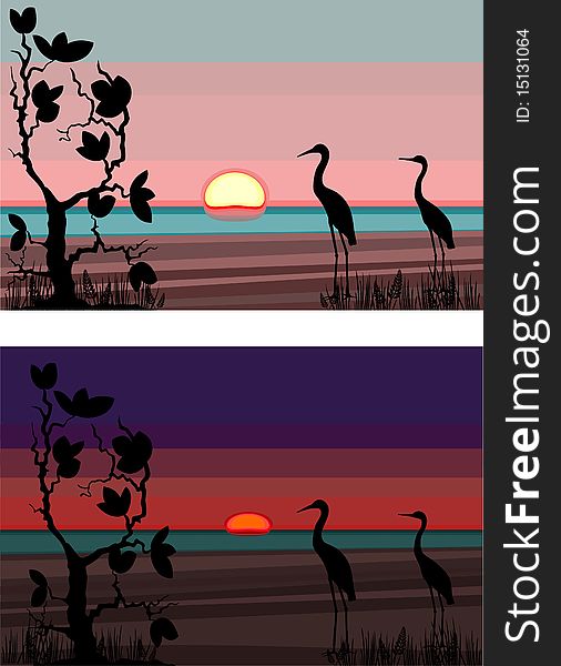 Sunset  with a silhouette of herons and wood