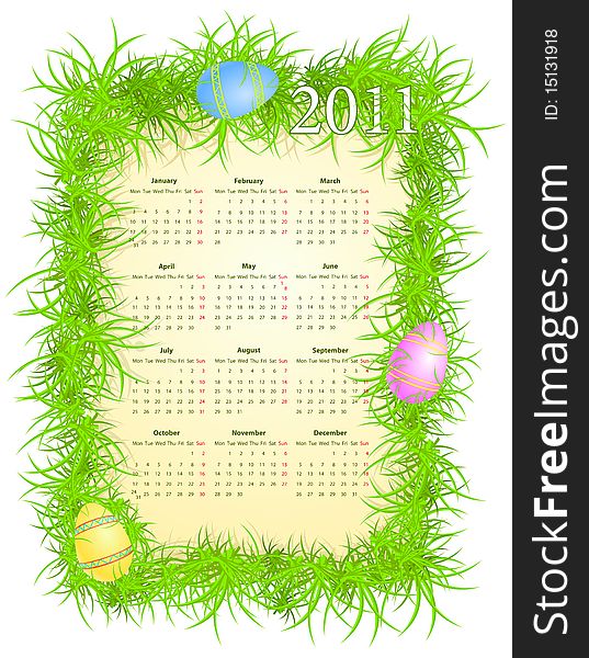 Vector illustration of Easter calendar 2011, starting from Mondays