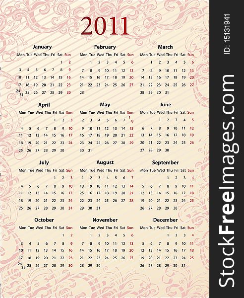 European Vector pink floral calendar 2011, starting from Mondays. European Vector pink floral calendar 2011, starting from Mondays