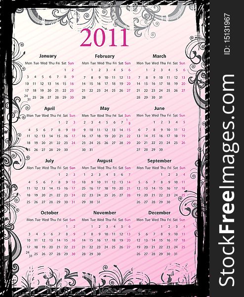 European Vector pink floral grungy calendar 2011, starting from Mondays. European Vector pink floral grungy calendar 2011, starting from Mondays