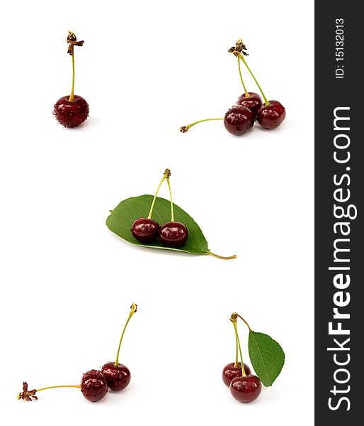 Collection of five beautiful pictures of the cherry with water drops. Collection of five beautiful pictures of the cherry with water drops