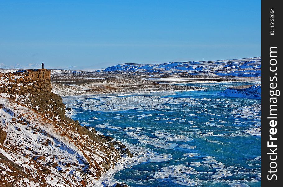 Solo Figure above the Gullfoss waterfall Iceland. Solo Figure above the Gullfoss waterfall Iceland