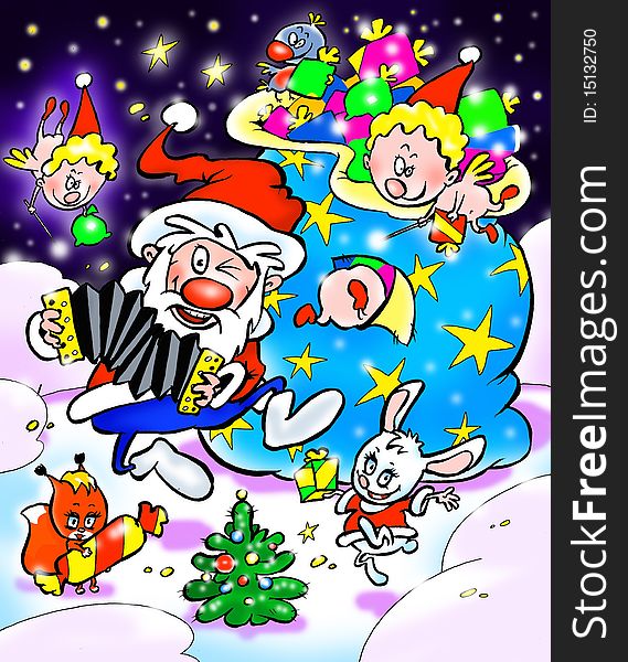 Dancing Christmas Santa Claus with animals or elfs