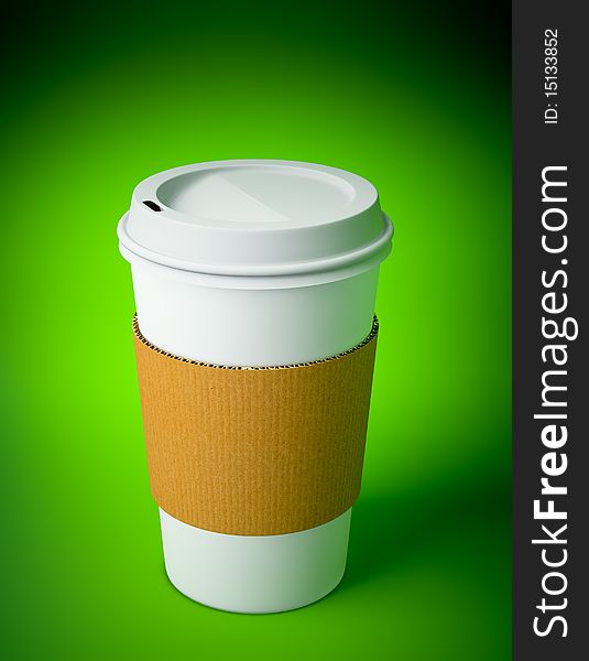 3D render of a disposable caffee cup on green background. 3D render of a disposable caffee cup on green background