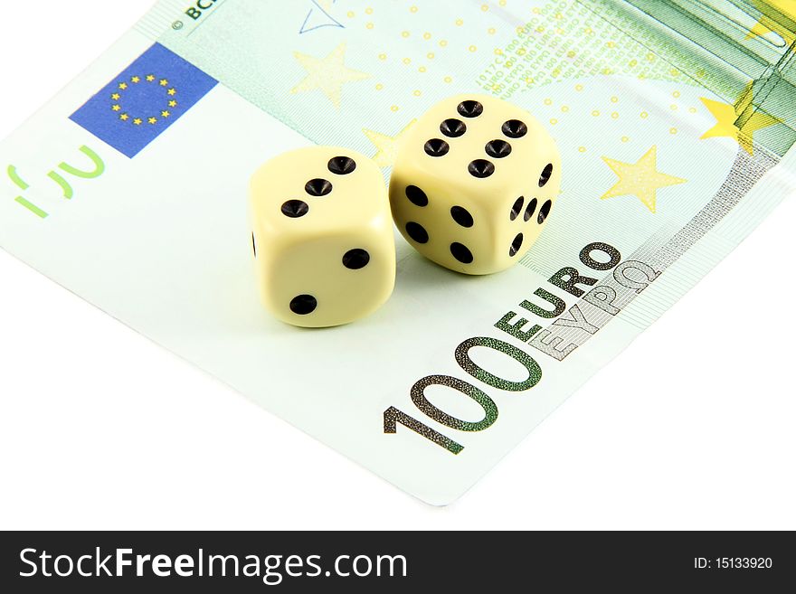 Two dices on a 100 euro banknote. Two dices on a 100 euro banknote