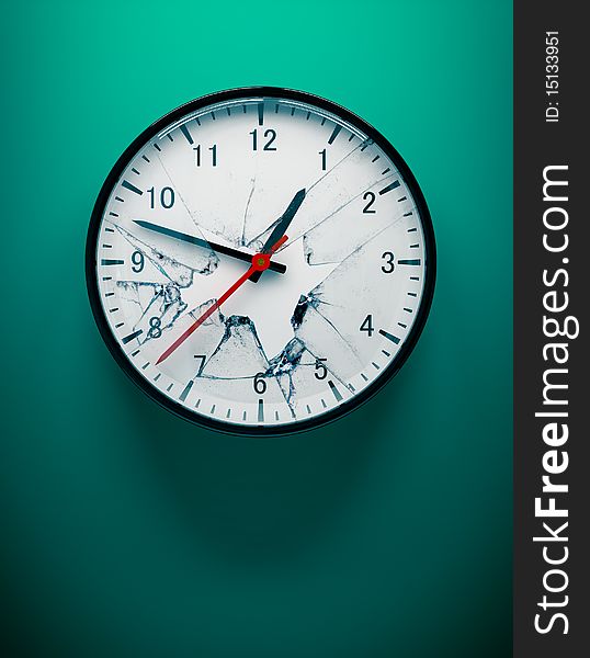 3D redner of a shattered wall clock on aqua blue