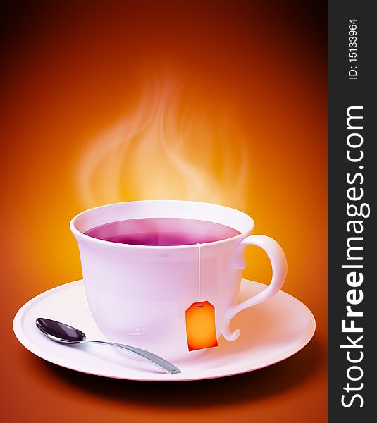 3D render of a tea cup with spoon and vapor coming out on orange background. 3D render of a tea cup with spoon and vapor coming out on orange background