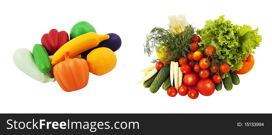 Fake and fresh real vegetables concept. Fake and fresh real vegetables concept