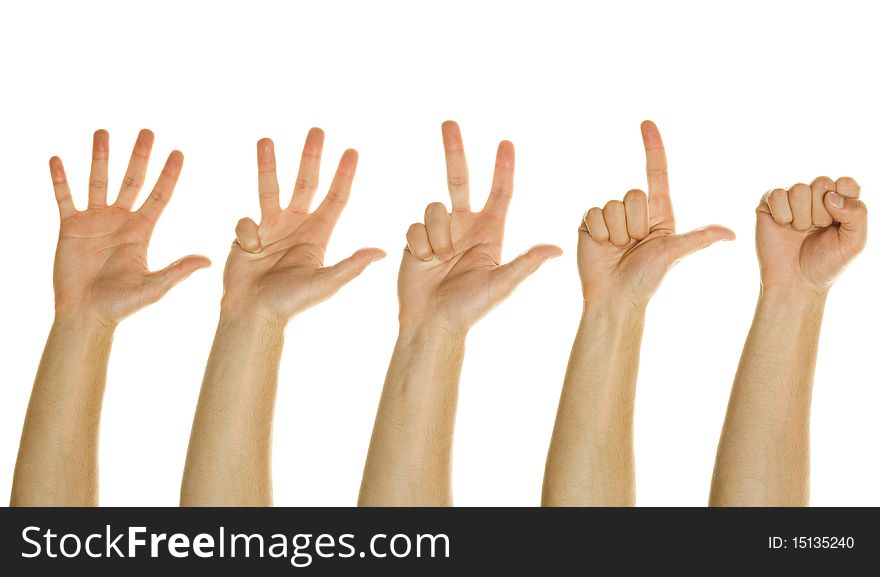 Counting Hands from one to five, isolated over white background