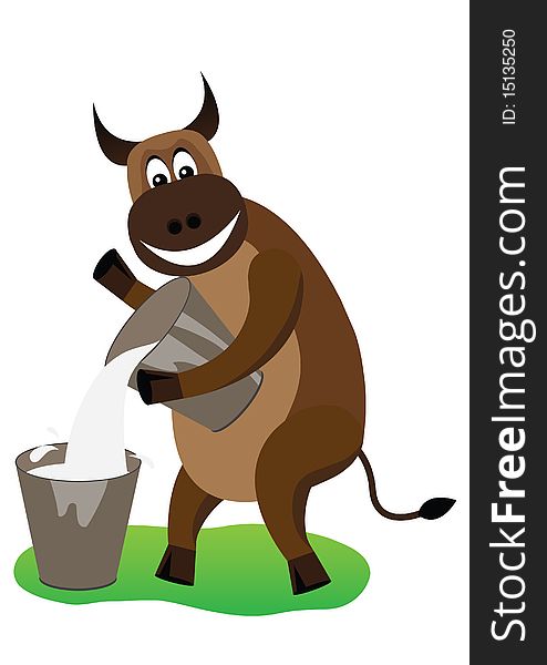 The bull pours milk in a bucket. The bull pours milk in a bucket