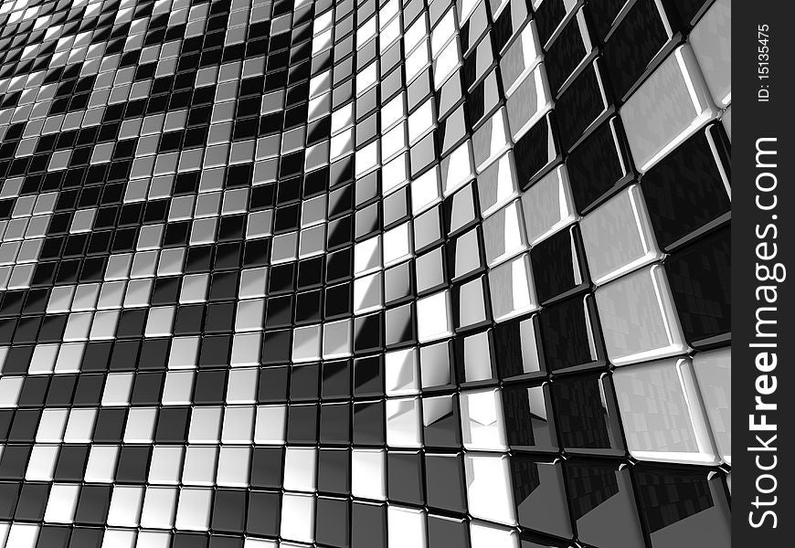 A wall of black and white mosaic in the shape of squares. A wall of black and white mosaic in the shape of squares