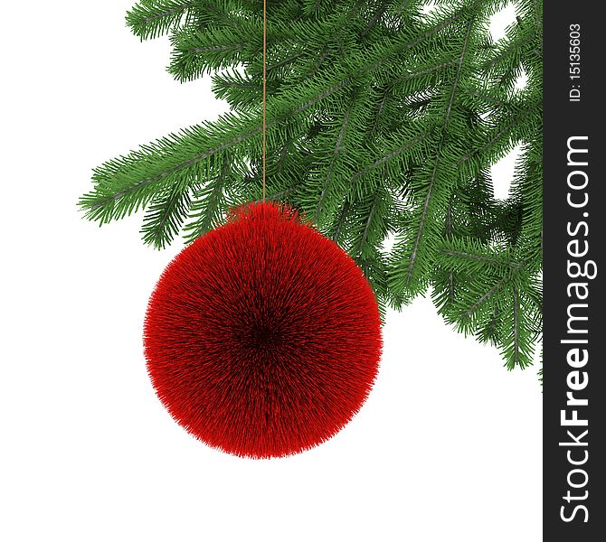 Colored ball from fur with christmas tree branch. Colored ball from fur with christmas tree branch