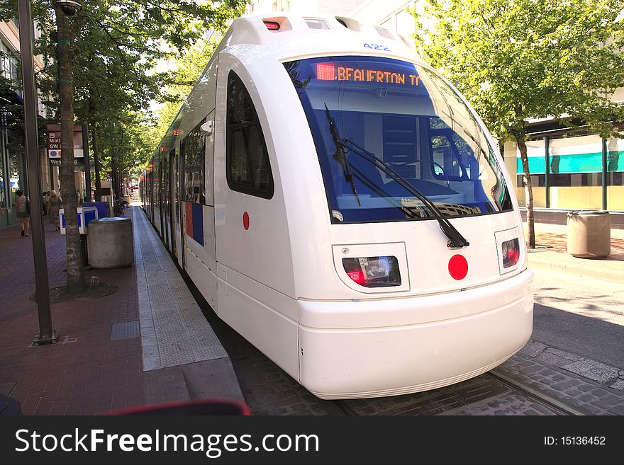 A max light rail waiting for the driver to return from a short break, downtown Portland OR. A max light rail waiting for the driver to return from a short break, downtown Portland OR.