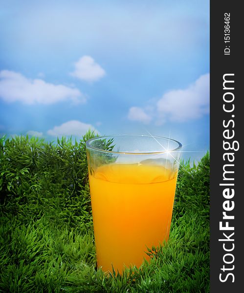 Orange juice on the grass. Orange juice on the grass