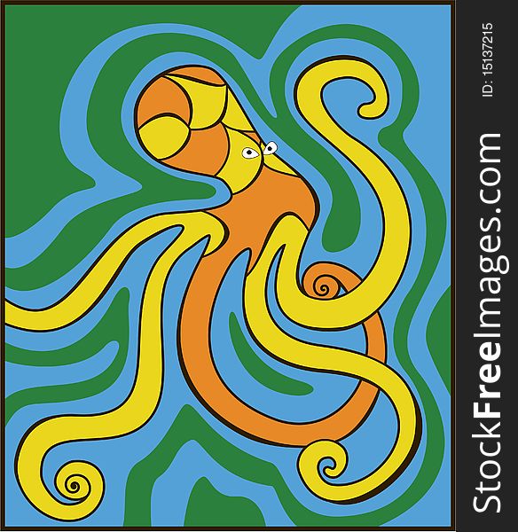 Illustration of an orange octopus swimming deep underwater