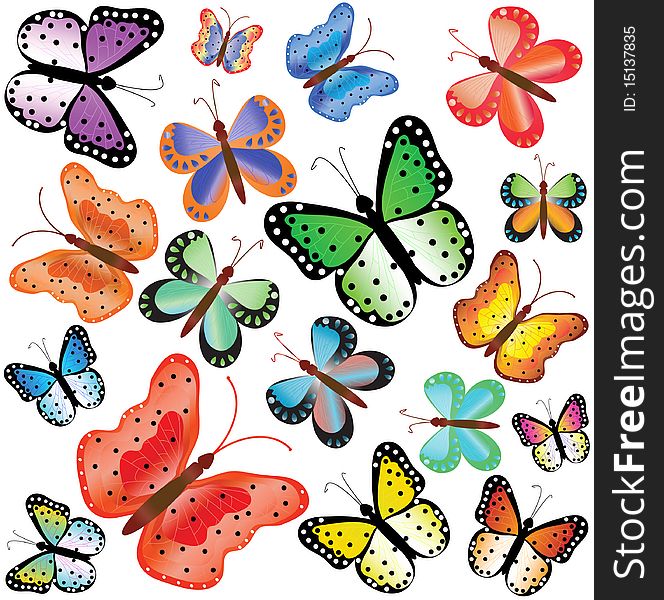 Motley butterflies of different size. Vector illustration