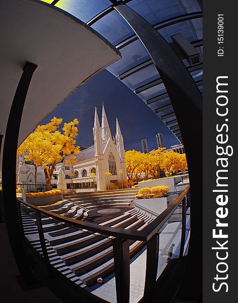 Historical church and yellow leaf in the city