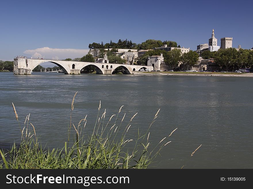 Avignon panorama consisting of the main landmarks of this city - Palace of the Popes and Pont Saint-Bénezet.